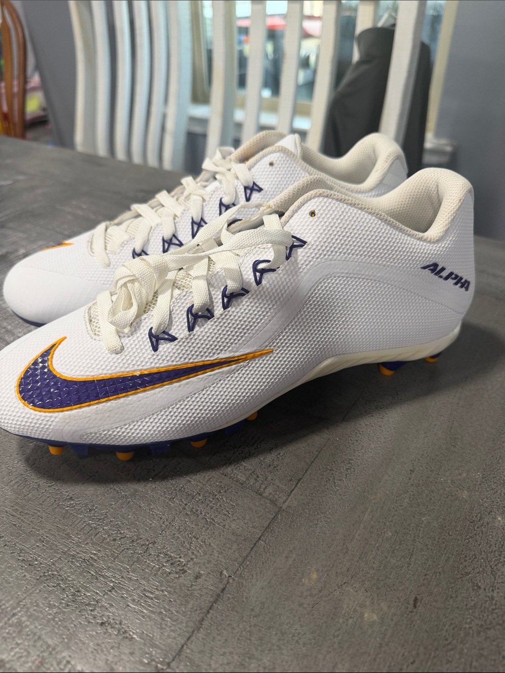 Nike White Cleats with Purple and Gold Swoosh